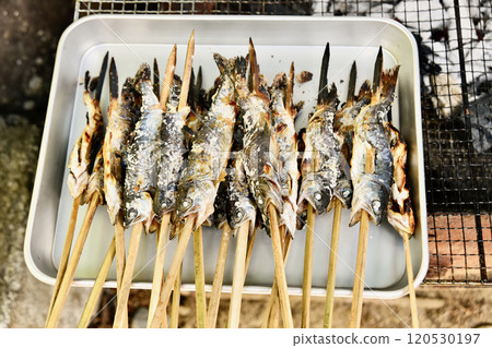 Place the cooked skewers on the tray. Place the cooked skewers on the tray. 120530197