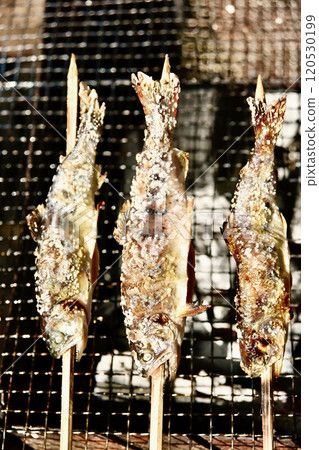 Grilled fish skewers 120530199