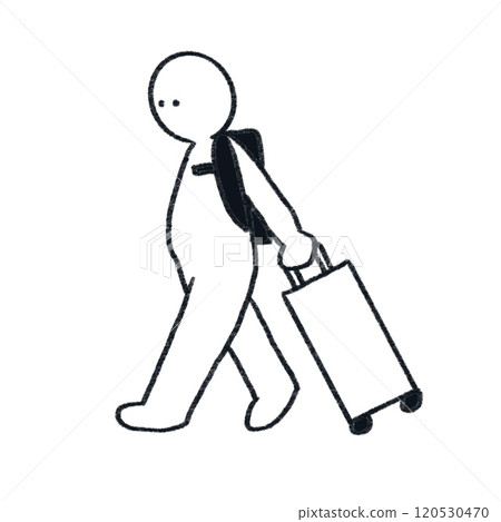 A person wearing a backpack and pulling a suitcase 120530470