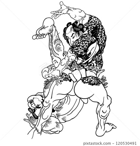 "The Water Margin of Japan: 800 Heroes and One Piece," "Tengan Isobe," "Yaksha Storm" - Utagawa Kuniyoshi 120530491