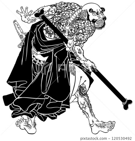 One of the 108 heroes from the popular Suikoden: Flower Priest Lu Zhishen, originally called Lu Da - Utagawa Kuniyoshi 120530492