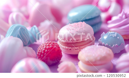 Pink and blue pastel color Closeup French macarons with blurred background Variety of Pastel color. Sweet and dessert Pastry Pink and blue pastel color Closeup French macarons with blurred background Variety of Pastel color. Sweet and dessert Pastry 120530952