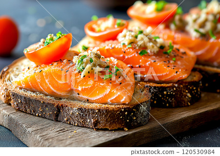 Danish smorrebrod traditional open sandwich at Copenhagen food market store. sandwich on display with salmon seafood, tomatoes, herb and vegetable. 120530984