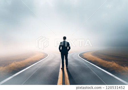 商人站在霧中的岔路口 120531452