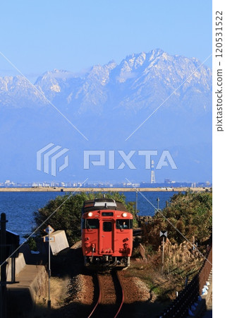 Himi Line runs with the Tateyama Mountain Range in the background 120531522