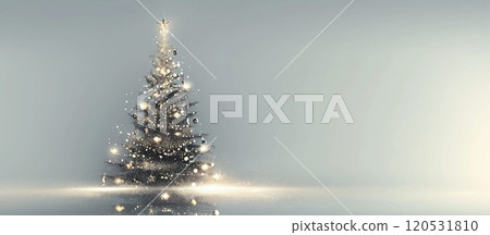 A postcard with a Christmas tree wrapped in fantastic lights and a tranquil winter background 120531810