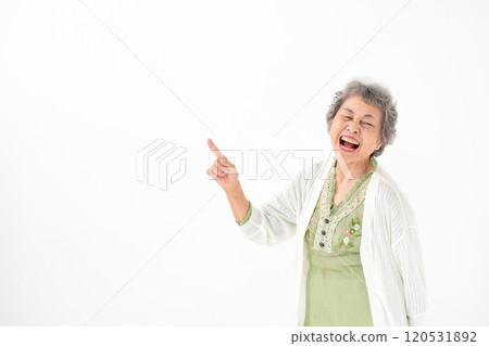 Senior woman portrait pointing Senior woman portrait pointing 120531892