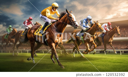 Horse racing and galloping thoroughbreds 120532392