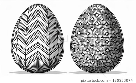 illustration of two Easter eggs decorated with intricate geometric patterns, featuring zigzag and floral designs, line art invites creativity, making it ideal for both kids, AI-generated illustration of two Easter eggs decorated with intricate geometric patterns, featuring zigzag and floral designs, line art invites creativity, making it ideal for both kids, AI-generated 120533074