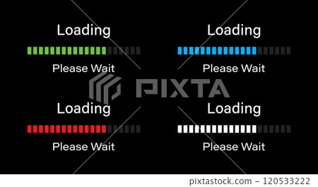 Bar loading please wait symbol icon set in four different colors. Loading 70 percent please wait progress bar infographics in green, blue, red and white color isolated for dark mode. Bar loading please wait symbol icon set in four different colors. Loading 70 percent please wait progress bar infographics in green, blue, red and white color isolated for dark mode. 120533222