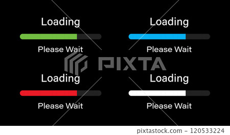Rounded bar loading please wait symbol icon set in four different colors- Green, Blue, Red and White. Loading 70 percent please wait progress bar infographics vector isolated for dark mode. Rounded bar loading please wait symbol icon set in four different colors- Green, Blue, Red and White. Loading 70 percent please wait progress bar infographics vector isolated for dark mode. 120533224