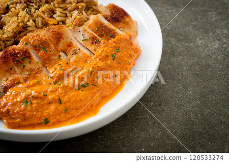 grilled chicken steak with red curry sauce and rice grilled chicken steak with red curry sauce and rice 120533274