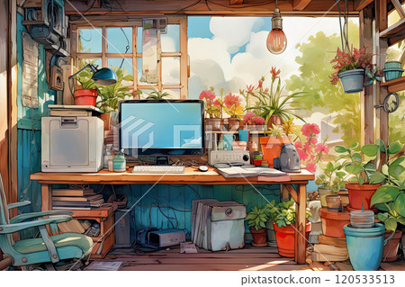 Desk and laptop by the window, colorful scenery 120533513