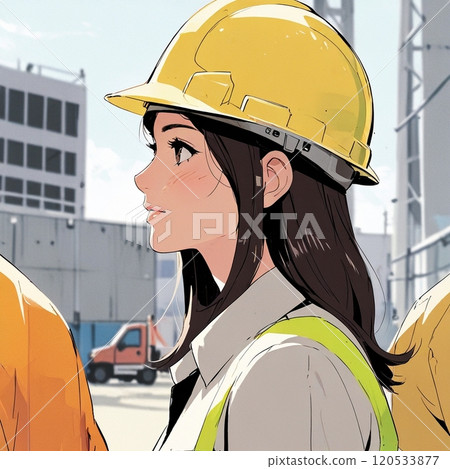 一名戴頭盔的婦女在建築工地工作 一名戴頭盔的婦女在建築工地工作 120533877