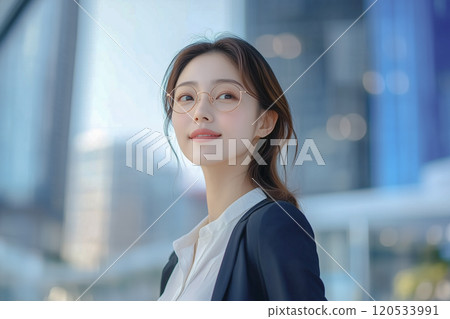 一位戴眼鏡的日本女商人回頭看，背景是一棟辦公大樓 120533991
