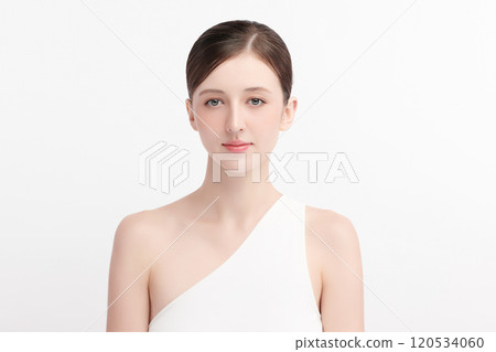 Beautiful young woman with clean fresh skin on white background, Face care, Facial treatment, Cosmetology, beauty and spa, women portrait. 120534060