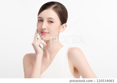Beautiful young woman with clean fresh skin on white background, Face care, Facial treatment, Cosmetology, beauty and spa, women portrait. 120534063