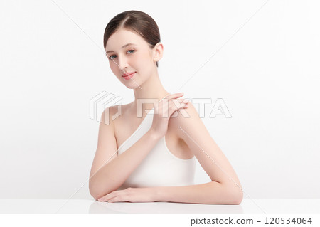 Beautiful young woman with clean fresh skin on white background, Face care, Facial treatment, Cosmetology, beauty and spa, women portrait. 120534064