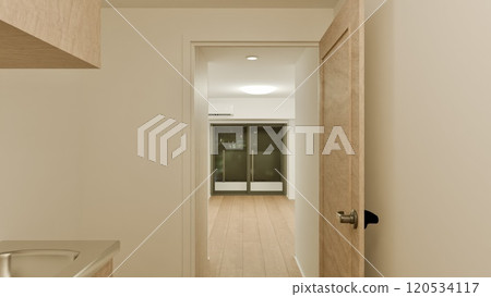 Living room seen from the hallway of a newly built apartment at night 120534117