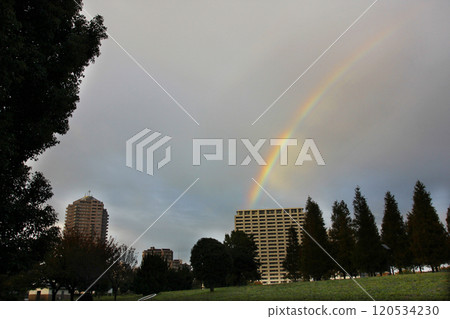 雨後的天空出現了一道巨大的彩虹,讓公園裡的人們高興極了。 雨後的天空出現了一道巨大的彩虹,讓公園裡的人們高興極了。 120534230