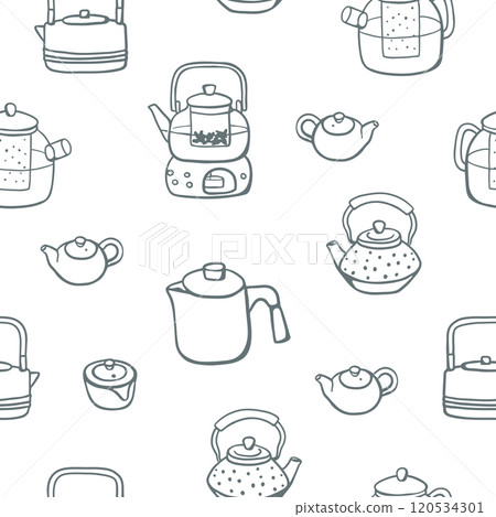 Hand drawn sketch style different teapots seamless pattern 120534301
