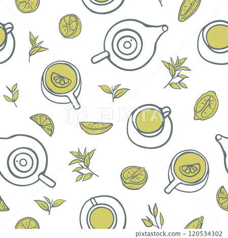 Hand drawn sketch style teapots, cups and lemons seamless pattern 120534302