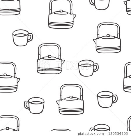 Hand drawn sketch style teapots and cups seamless pattern 120534303