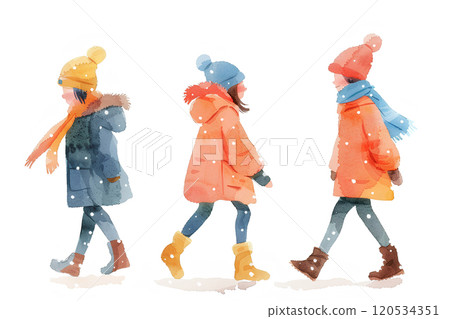 Children on their way home from school on a winter day 120534351
