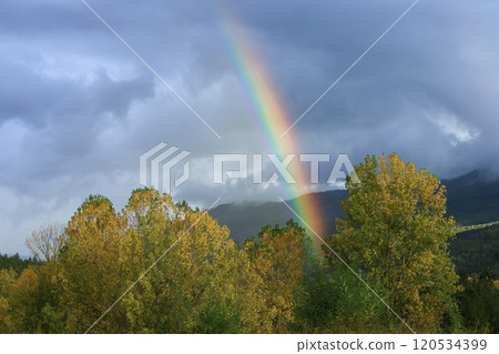 The image of a rainbow formed by the reflection and refraction of sunlight in raindrops or fog. The image of a rainbow formed by the reflection and refraction of sunlight in raindrops or fog. 120534399
