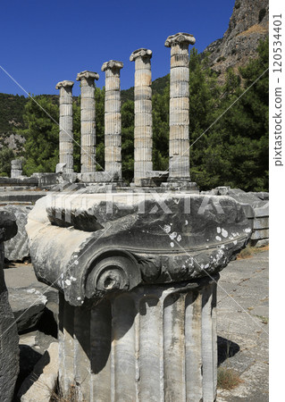 Image of historical ruins, columns, ancient theater and temples in the ancient city of Priene. 120534401
