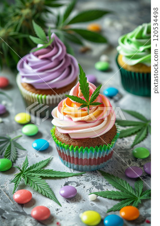 Colorful Cannabis Cupcakes with Leaf Decorations for Creative Culinary Themes Colorful Cannabis Cupcakes with Leaf Decorations for Creative Culinary Themes 120534498