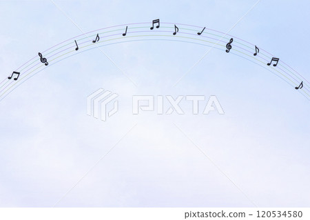 A musical background with a rainbow of colorful musical staves over a lightly clouded sky A musical background with a rainbow of colorful musical staves over a lightly clouded sky 120534580