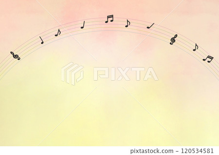 A musical background with a rainbow of colorful staves over a warm pink and yellow gradient sky 120534581