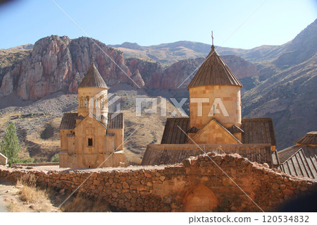 Ancient architecture of Tatev monastery in Armenia near mountains Ancient architecture of Tatev monastery in Armenia near mountains 120534832