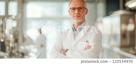 A modern hospital with a doctor in a white coat standing confidently 120534970