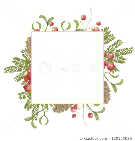 Christmas Template for Text, White Square with Gold Border, Fir Branches and Cones, Red Berries and Mistletoe Sprigs, Watercolor Copy Space Illustration for Print and Web Christmas Template for Text, White Square with Gold Border, Fir Branches and Cones, Red Berries and Mistletoe Sprigs, Watercolor Copy Space Illustration for Print and Web 120535029