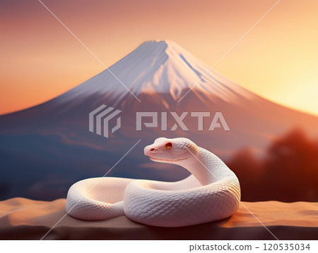 Mount Fuji and a white snake as the sun rises 120535034