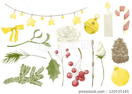 Festive Winter Clipart Collection with Fir Branches, Candle with Flame, Garland with Stars, White Roses, Red Berries, Bow, Golden Bell, Striped Candy, Watercolor Illustration for Print and Web Festive Winter Clipart Collection with Fir Branches, Candle with Flame, Garland with Stars, White Roses, Red Berries, Bow, Golden Bell, Striped Candy, Watercolor Illustration for Print and Web 120535165