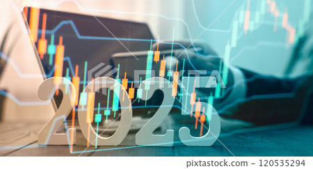 Financial Growth and Real Estate Market Analysis 2025: Businessman Interacting with Digital Candlestick Chart and Housing Model 120535294