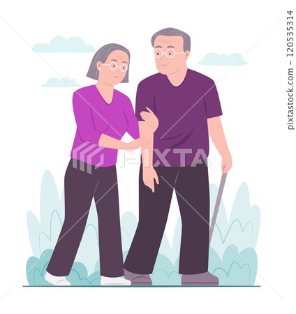 Happy Active Elderly Couple Strolling in Public Park for Relaxing Outdoor Lifestyle Concept Illustration 120535314