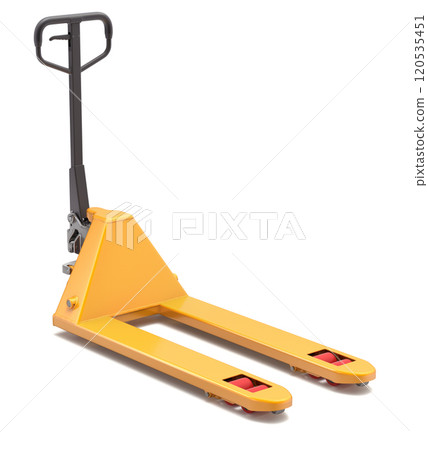 Yellow empty pallet jack on white background - 3D illustration 120535451