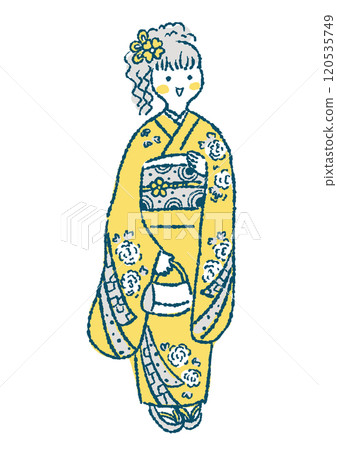 Hand-drawn illustration of a woman wearing a furisode Hand-drawn illustration of a woman wearing a furisode 120535749