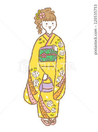 Hand-drawn illustration of a woman wearing a furisode Hand-drawn illustration of a woman wearing a furisode 120535753