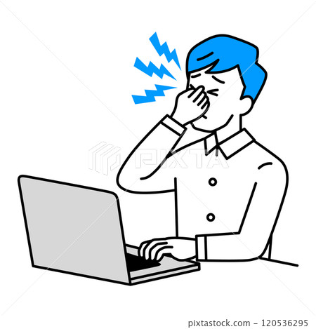 Casual man suffering from eye strain while working on laptop 120536295