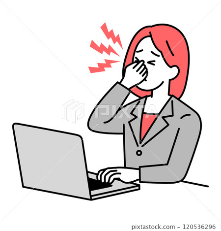 一名身穿西裝的女士在筆記型電腦上工作時眼睛疲勞 一名身穿西裝的女士在筆記型電腦上工作時眼睛疲勞 120536296