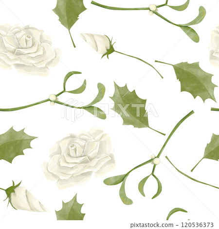 Seamless Pattern with White Roses, Holly Leaves, Mistletoe Sprigs with White Berries, Watercolor Illustration for Print on Physical Products: Packaging, Wrapping Paper, Textile and Web Uses Seamless Pattern with White Roses, Holly Leaves, Mistletoe Sprigs with White Berries, Watercolor Illustration for Print on Physical Products: Packaging, Wrapping Paper, Textile and Web Uses 120536373