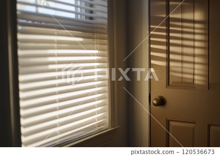 Wooden blinds on large windows, sunlight. Elegant living room interior with houseplants, wood blinds. Motorized jalousie in the smart house. Modern window shutters, roller. Duo system day and night. 120536673