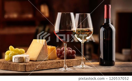 Dinner table with aged cheese and wine 4 Dinner table with aged cheese and wine 4 120537052