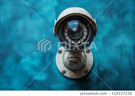 A weathered outdoor security camera with a sturdy metal casing, set against a textured blue wall 120537229