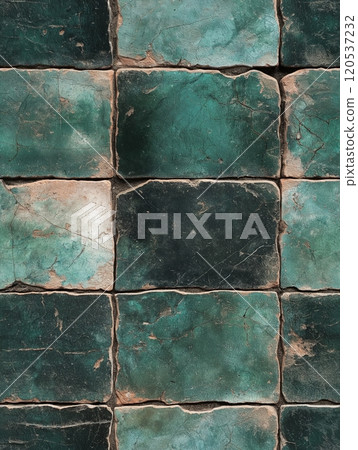 Close up of aged, cracked green tiles with a rustic texture and intricate patterns of wear Close up of aged, cracked green tiles with a rustic texture and intricate patterns of wear 120537232